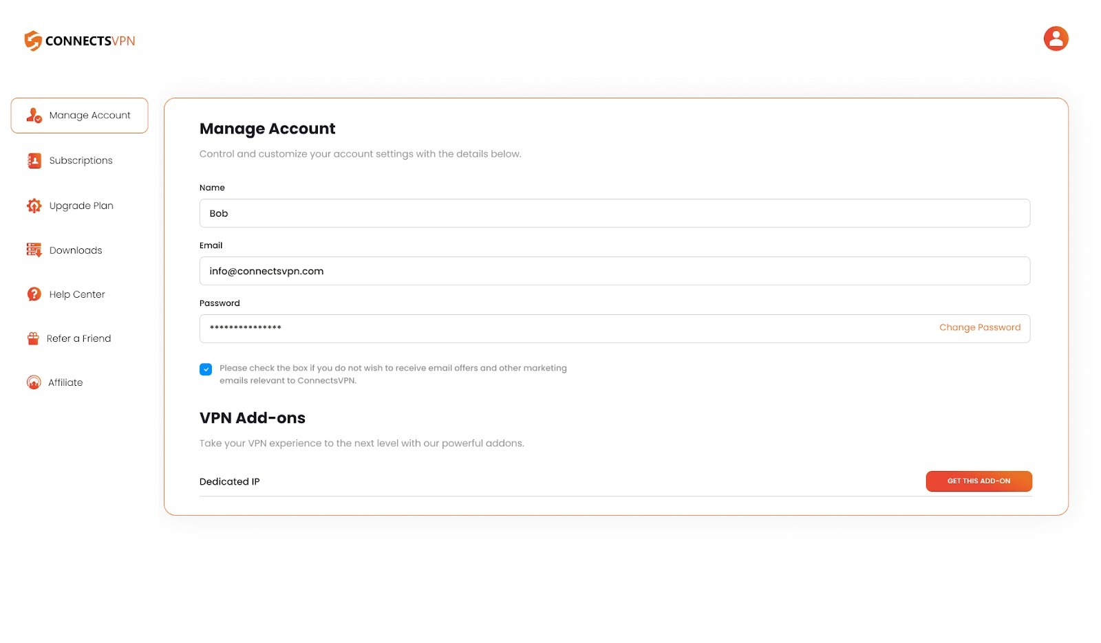 Manage account option screenshot