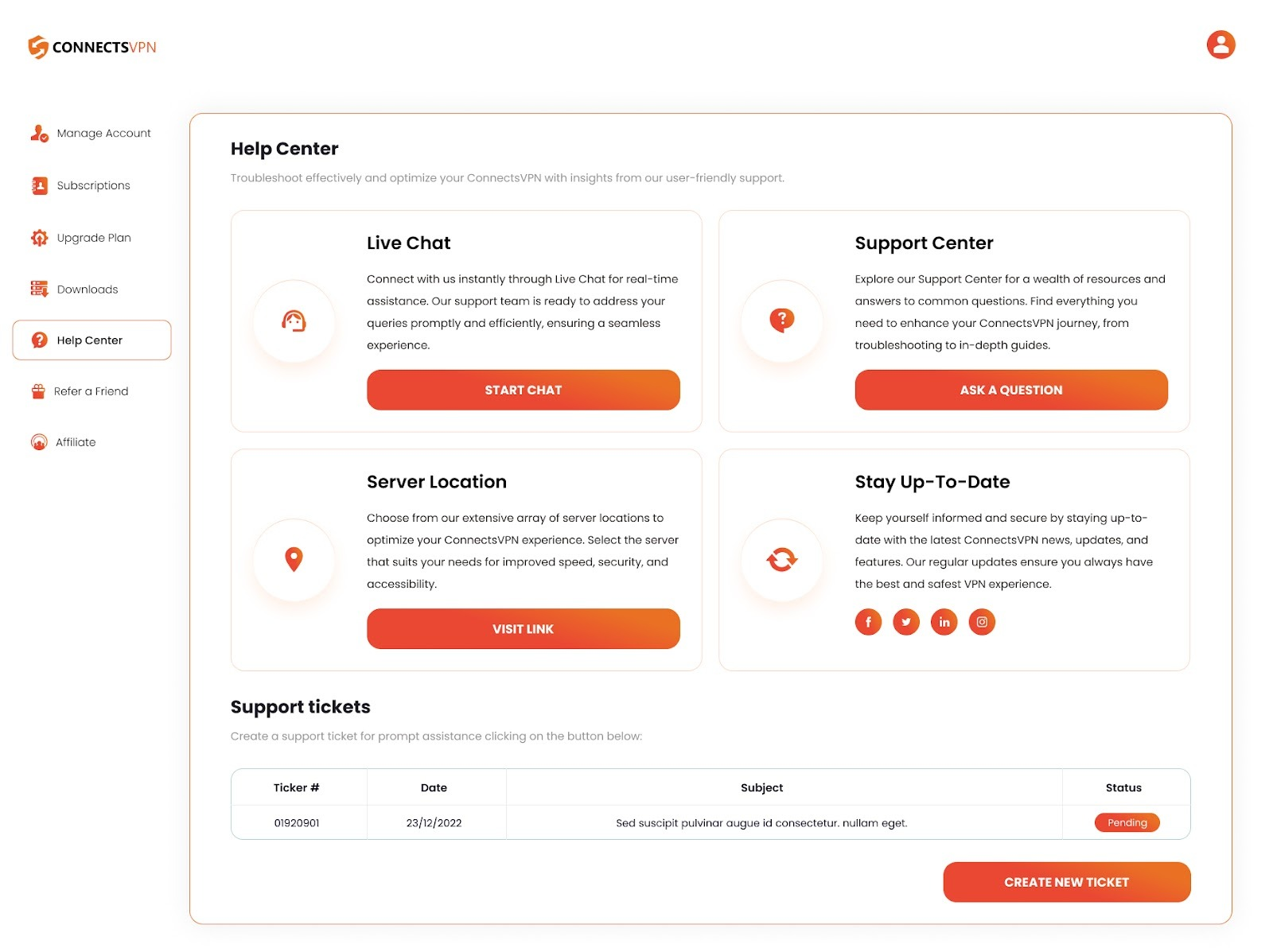 Support center screenshot